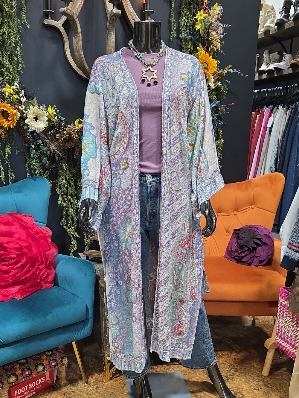 Raj Lavender & Pastel Paisley Long Kimono Cardigan